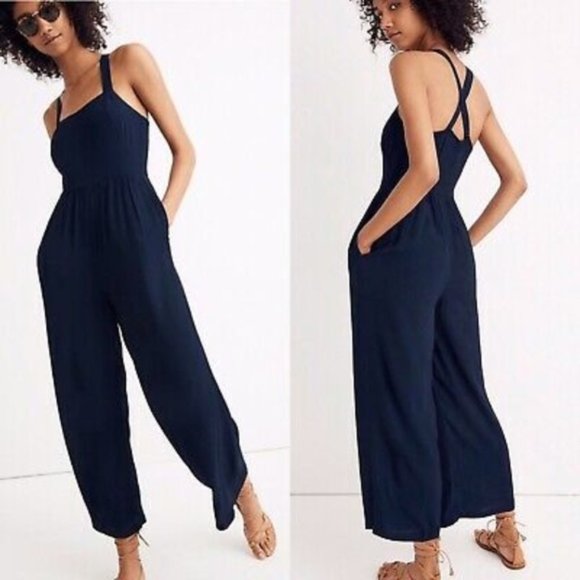 Madewell Pants - MADEWELL Smocked Crop Jumpsuit Navy Blue 2